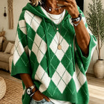 Hooded Argyle Batwing Sleeve Chunky Knit Sweater