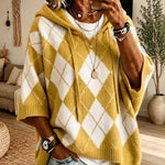 Hooded Argyle Batwing Sleeve Chunky Knit Sweater