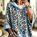 Hooded Leopard Batwing Sleeve Chunky Knit Sweater
