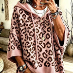 Hooded Leopard Batwing Sleeve Chunky Knit Sweater