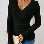 Chic Deep V-neck Crossover Long Sleeve Pit Stripe Blouse
