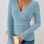 Chic Deep V-neck Crossover Long Sleeve Pit Stripe Blouse