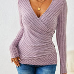 Chic Deep V-neck Crossover Long Sleeve Pit Stripe Blouse