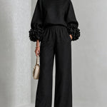 Floral Cuff Blouse And Wide Leg Pants Set