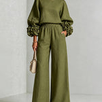 Floral Cuff Blouse And Wide Leg Pants Set