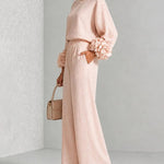 Floral Cuff Blouse And Wide Leg Pants Set