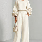 Floral Cuff Blouse And Wide Leg Pants Set