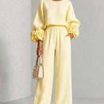 Floral Cuff Blouse And Wide Leg Pants Set