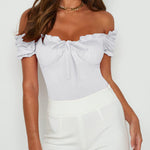 Off Shoulder Puff Sleeve Ruffle Trim Tops Bodysuits - Zeagoo (Us Only)