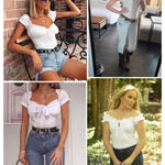 Off Shoulder Puff Sleeve Ruffle Trim Tops Bodysuits - Zeagoo (Us Only)