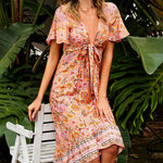 Zeagoo Women's Bohemian Floral Tie Front V Neck Midi Dresses