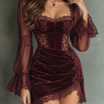 Burgundy Velvet Lace Sheer Flare Sleeve Corset Sexy Mini Dress