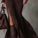 Vintage Brown Zipper Belted Maxi Dress（Includes belt）