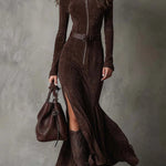 Vintage Brown Zipper Belted Maxi Dress（Includes belt）