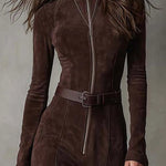 Vintage Brown Zipper Belted Maxi Dress（Includes belt）