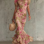 Vintage Rose Print Maxi Dress With Puff Sleeves（Accessories not included）