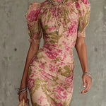Vintage Rose Print Maxi Dress With Puff Sleeves（Accessories not included）