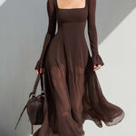 Vintage Square-neck Sheer Sleeves Flare Midi Dress