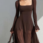 Vintage Square-neck Sheer Sleeves Flare Midi Dress