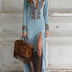 OPHELIO WESTERN HALF-ZIP EMBROIDERED FAUX SUEDE FRINGE MAXI DRESS