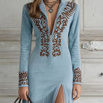 OPHELIO WESTERN HALF-ZIP EMBROIDERED FAUX SUEDE FRINGE MAXI DRESS