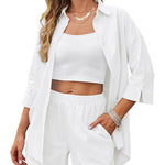 Linen Shirt Elastic Waist Casual Shorts Set - Zeagoo (Us Only)