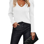 Zeagoo V Neck Sweaters Casual Puff Sleeve Pullover Sweater