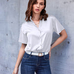 Zeagoo Women Satin Shirt V-Neck Short Sleeve Button Down Shirt Casual Loose Office Silk Tops  (Us Only)