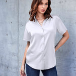 Zeagoo Women Satin Shirt V-Neck Short Sleeve Button Down Shirt Casual Loose Office Silk Tops  (Us Only)