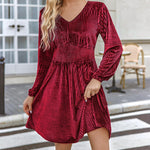 Zeagoo Velvet Dress V-Neck Long Sleeve Stretch Mini Dress