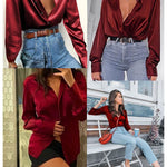 Satin V Neck Twist Front Silk Shirts - Zeagoo (Us Only)