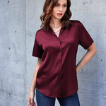 Zeagoo Women Satin Shirt V-Neck Short Sleeve Button Down Shirt Casual Loose Office Silk Tops  (Us Only)