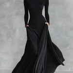 Black modern crepe pleated boat neck long dress