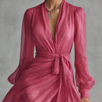 Elegant Rose Pink Chiffon V-neck Tie-waist Long Dress