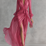 Elegant Rose Pink Chiffon V-neck Tie-waist Long Dress