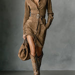 Suede Single Breasted Lapel Long Sleeve Midi Dress（Includes belt）