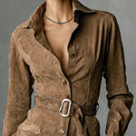 MARIGOLD SUEDE SINGLE BREASTED LAPEL LONG SLEEVE MIDI DRESS (INCLUDES BELT)