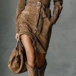 MARIGOLD SUEDE SINGLE BREASTED LAPEL LONG SLEEVE MIDI DRESS (INCLUDES BELT)