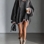 EIRYA LOOSE-FITTING HOODED PINK-TRIMMED KNITTED MINI DRESS