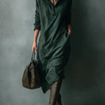 ISNA GREEN LOOSE SUEDE LAPEL LONG SLEEVE MIDI DRESS