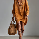SYBIL LOOSE LAPEL V-NECK PRINTED LONG-SLEEVED MIDI DRESS