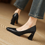 Women's Genuine Leather Block Heel Pumps | Elegant All-Day Comfort Style