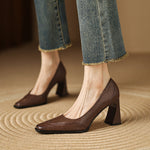 Women's Genuine Leather Block Heel Pumps | Elegant All-Day Comfort Style