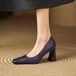 Women's Genuine Leather Block Heel Pumps | Elegant All-Day Comfort Style