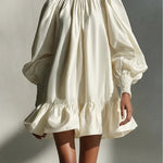 Beige Satin Puff Sleeve Ruffle Mini Dress