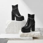 Women's Leather Ankle Boots | Bold Glamour with Chunky Block Heel