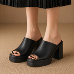 Women's Premium Leather Platform Mule Heels | All-Day Comfort with Sleek Open-Toe Design