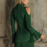 Brown High-neck Off-shoulder Tassel Faux Suede Long-sleeved Mini Dress