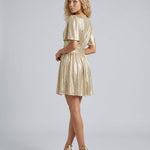 Sophia Aldridge | Gold Metallic Flutter Sleeve Mini Dress For Women