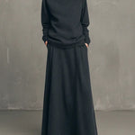 Charcoal Gray Air-layer High-neck Top And Flared Long Skirt Set